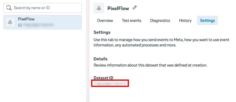Meta Pixel settings page showing the Dataset ID field
