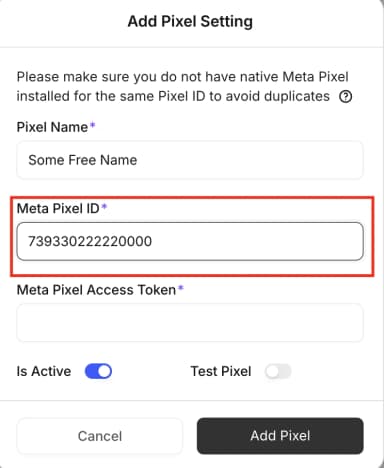 PixelFlow add pixel modal with fields for pixel name and Meta Pixel ID