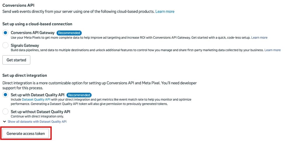 Meta Events Manager showing the Setup Direct Integration section with Generate Access Token button