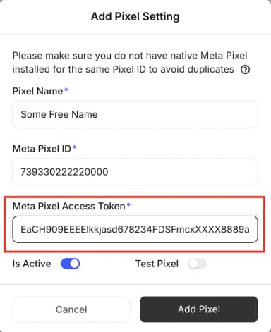 PixelFlow add pixel modal showing the Conversions API Key field