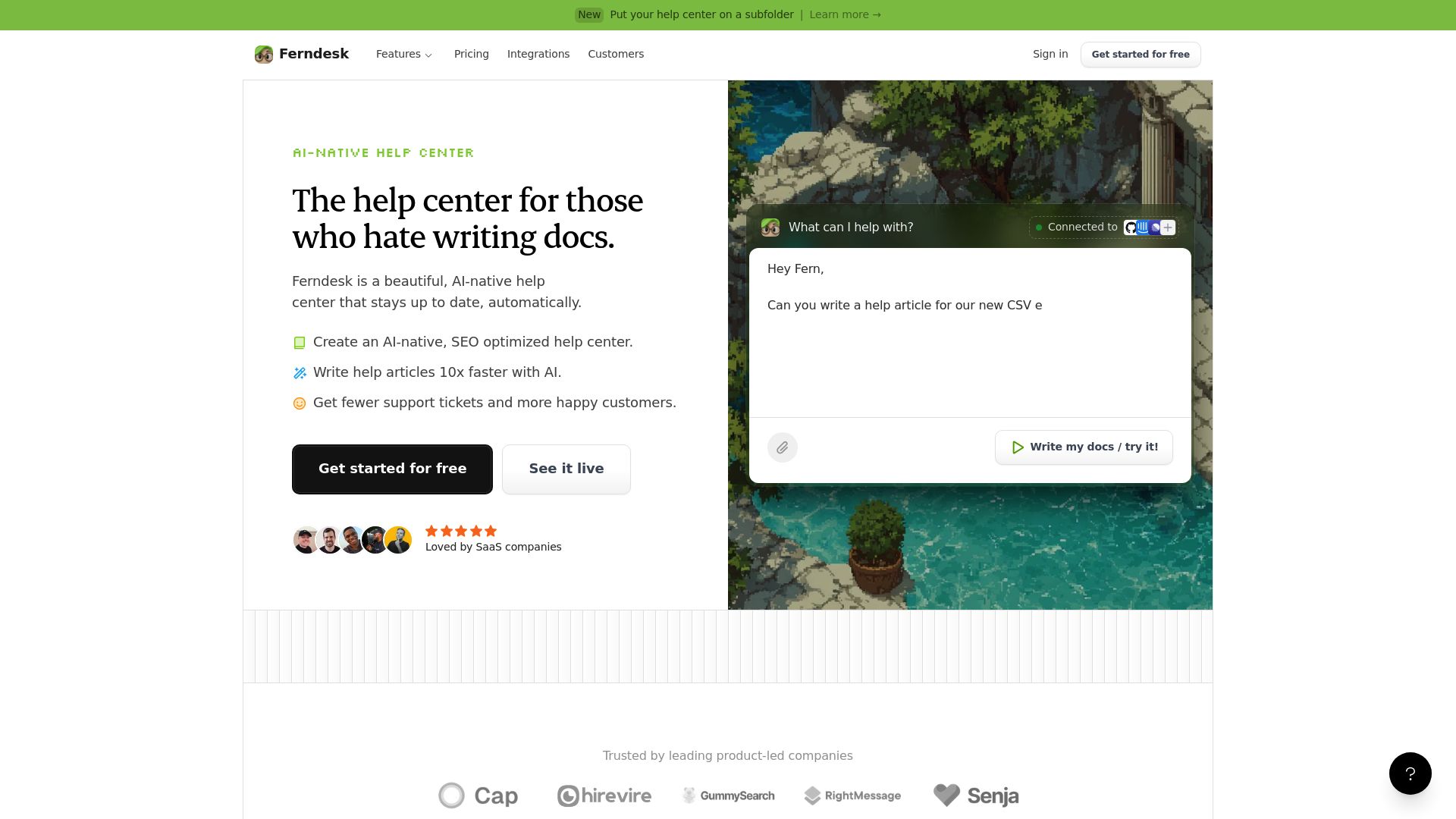 Ferndesk homepage featuring the headline 'The help center for those who hate writing docs' with an AI chat interface demonstration