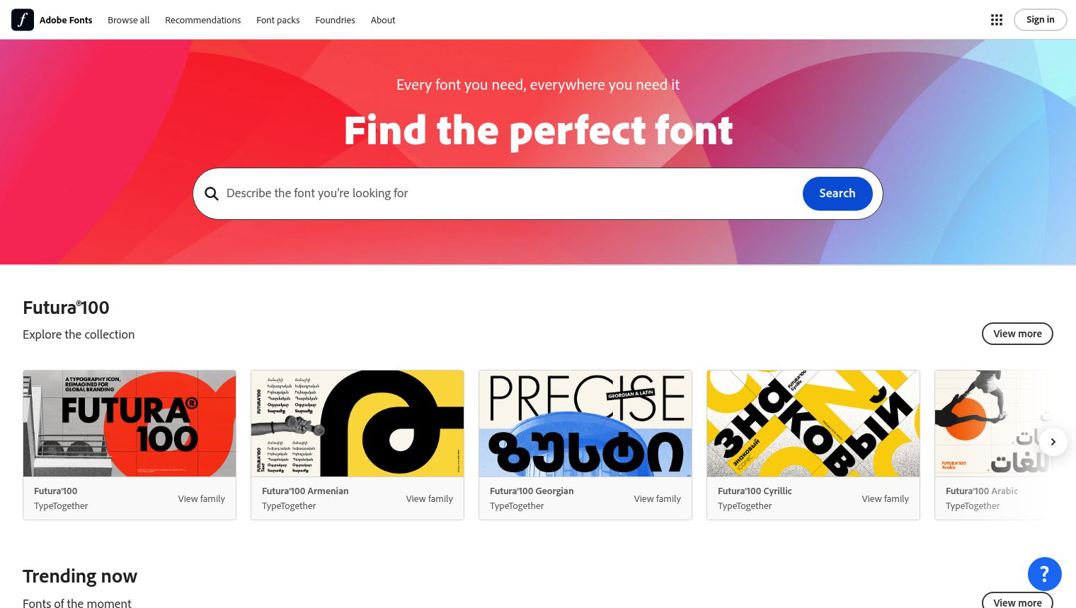 The screenshot displays the Adobe Fonts homepage, characterized by a clean and modern design with a dominant red and blue gradient background in the hero section. The top navigation bar, set against a white background, features the \