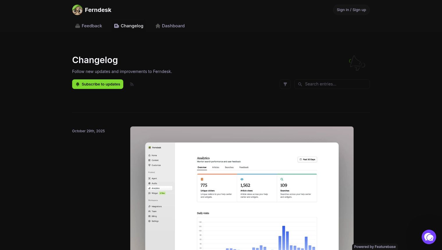 A minimalist screenshot of a web application's changelog page, branded as 'Ferndesk'. The page features a dark theme with a prominent 'Changelog' heading. Below, a call to action encourages users to 'Subscribe to updates'. A preview of an analytics dashboard is shown in the foreground, displaying metrics like 'Unique visitors', 'Article views', and 'Searches' for the 'Past 30 Days', along with a 'Daily visits' graph.