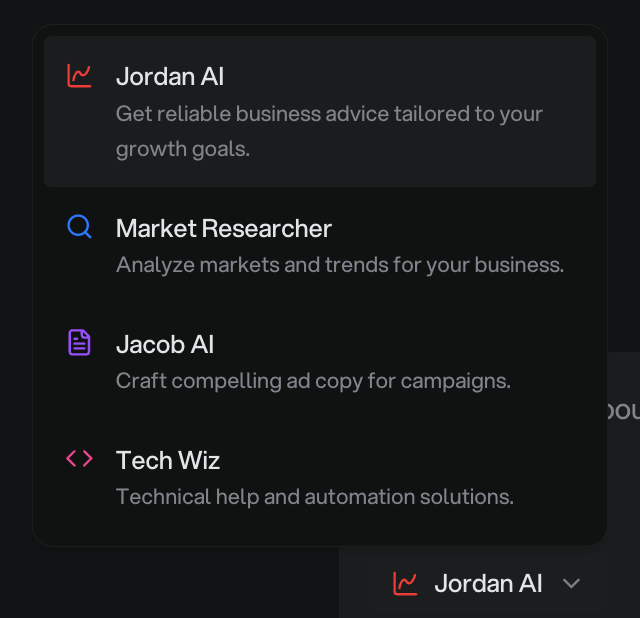 AI Consultant interface showing four specialized agents: Jordan AI for business advice, Market Researcher for market analysis, Jacob AI for ad copy creation, and Tech Wiz for technical solutions
