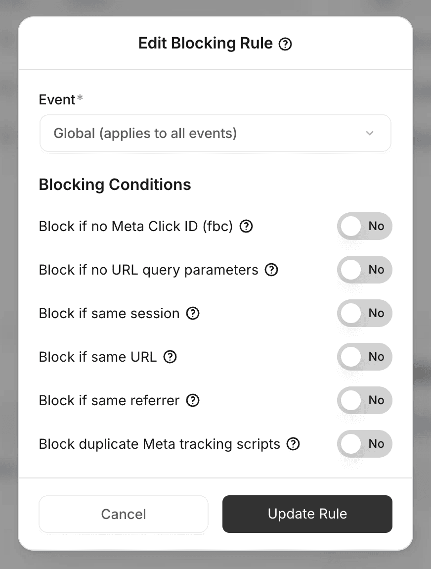 PixelFlow Blocking Rules dashboard interface showing available blocking options