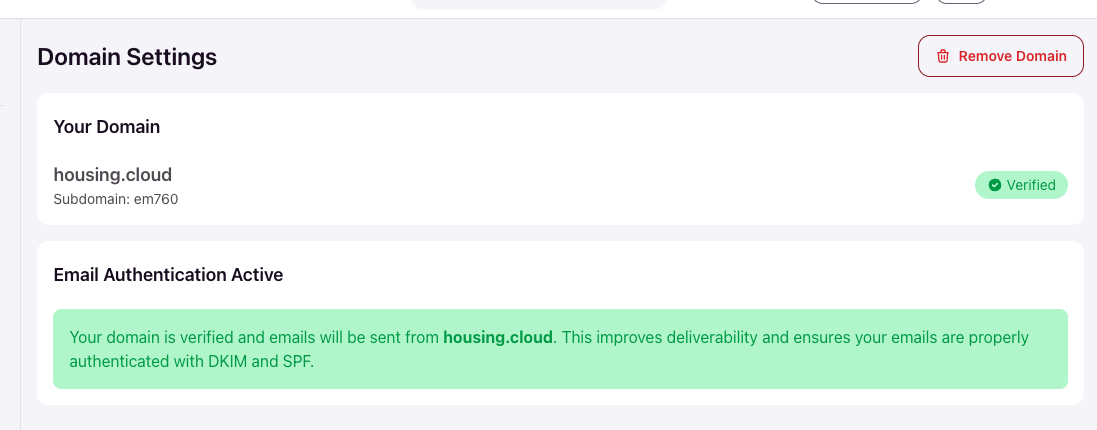 Domain authentication wizard showing Enter Domain step with progress indicator