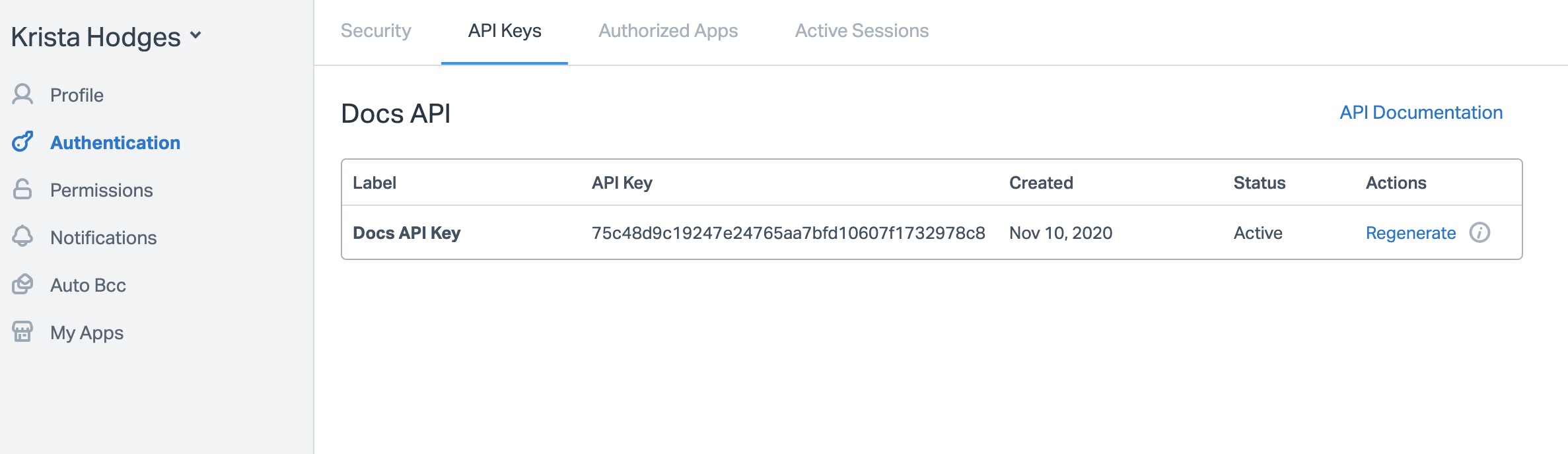 A screenshot of the API Keys page in Help Scout, showing a Docs API Key with its label, key, creation date, and status. There is a 'Regenerate' button.