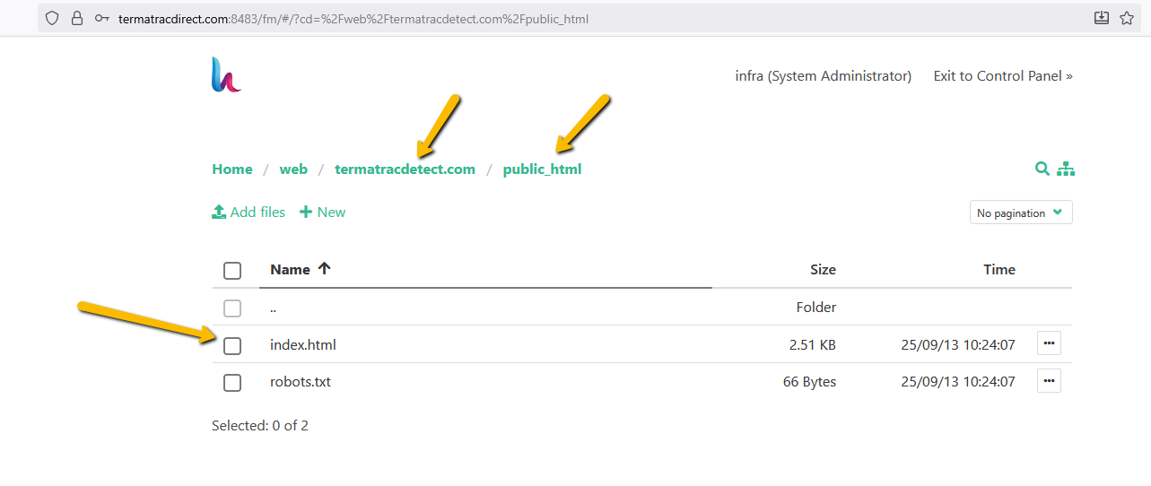 File Manager showing the public_html directory with index.html file listed