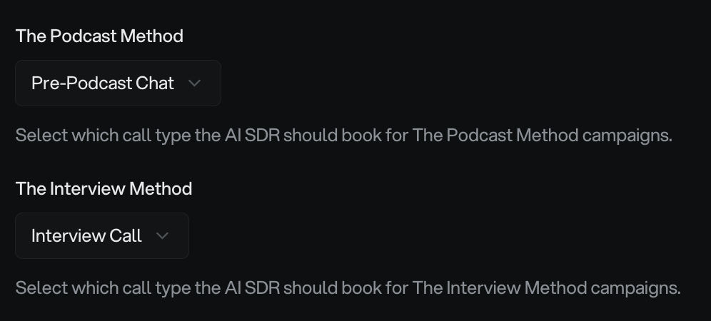 AI SDR Agent settings page showing Podcast Method and Interview Method call type dropdowns with Pre-Podcast Chat and Interview Call options selected