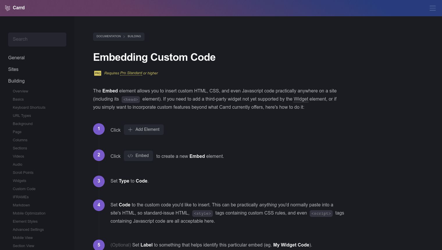 Carrd documentation page for Embedding Custom Code showing step-by-step instructions: Add Element > Embed > Set Type to Code > Paste custom code > Optional label and style (Inline/Hidden/Head)
