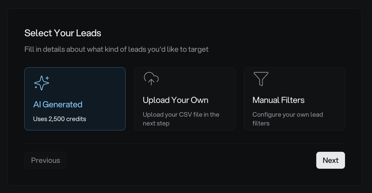 Lead type selection modal showing three options: AI Generated Leads, Upload Your Own, and Manual Filters, with a lead limit badge in the top right corner