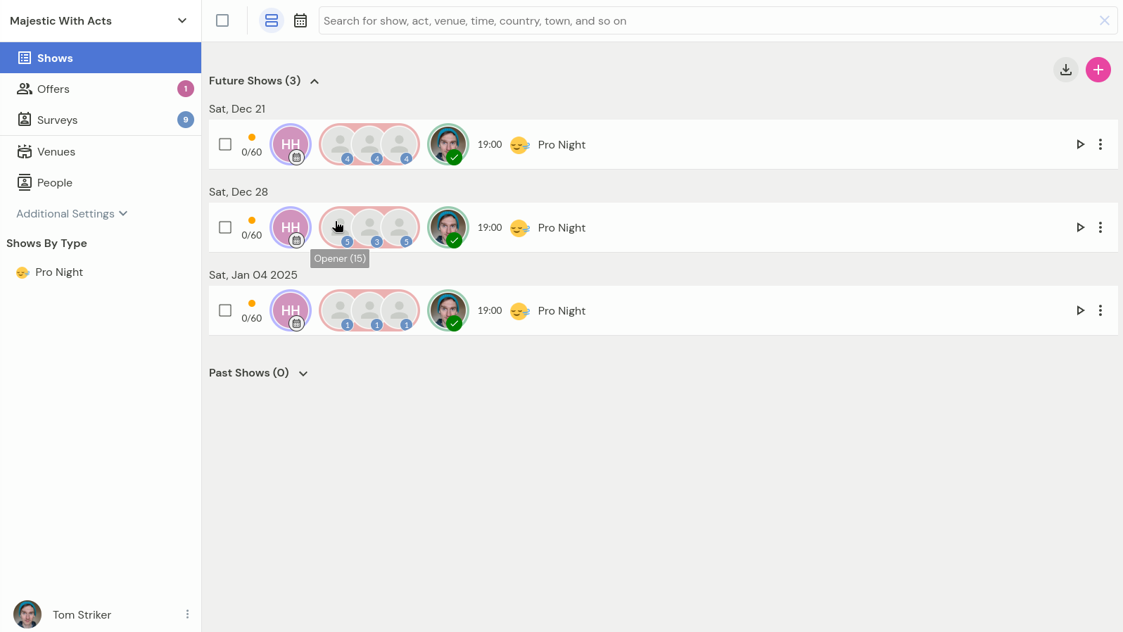 Show listing with blue badges indicating available applications for spots