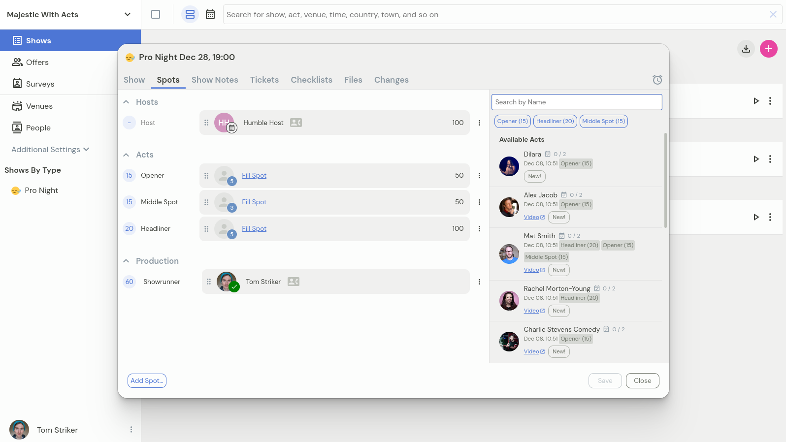 Show details modal showing spots and available acts sidebar