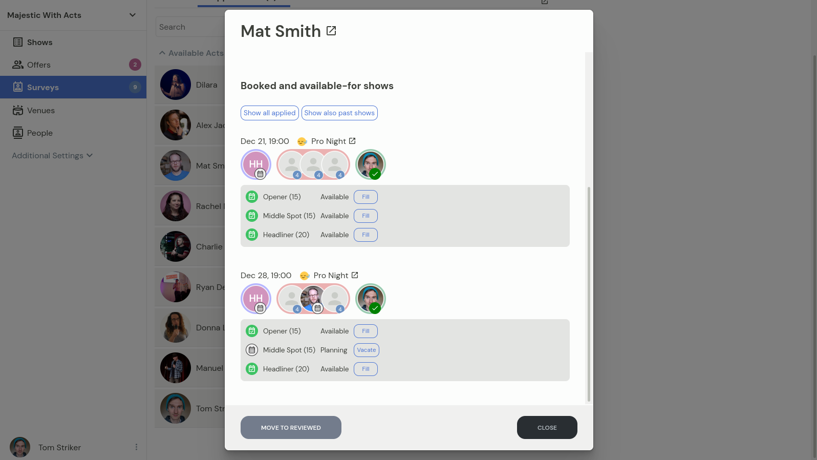 Individual application view showing all shows the performer applied for