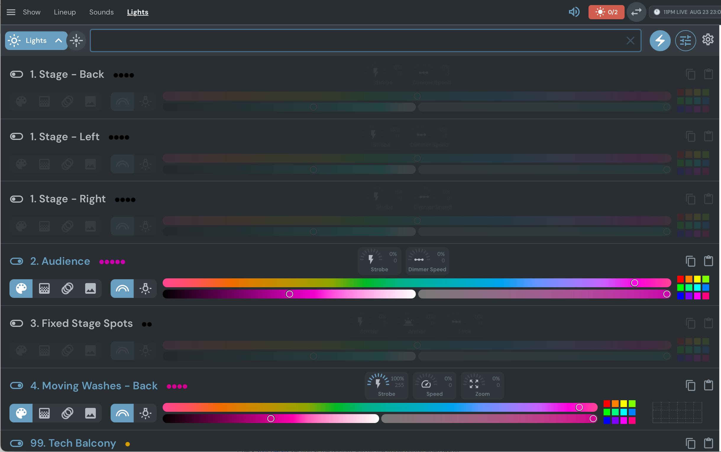 Showtime color picker interface with gradient controls and hex color input