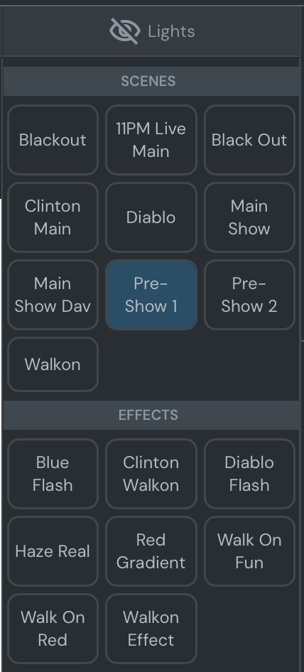 Showtime scenes and effects interface showing pre-built scenes like Blackout, 11PM Live Main, and Pre-Show, along with effects like Blue Flash and Haze Real
