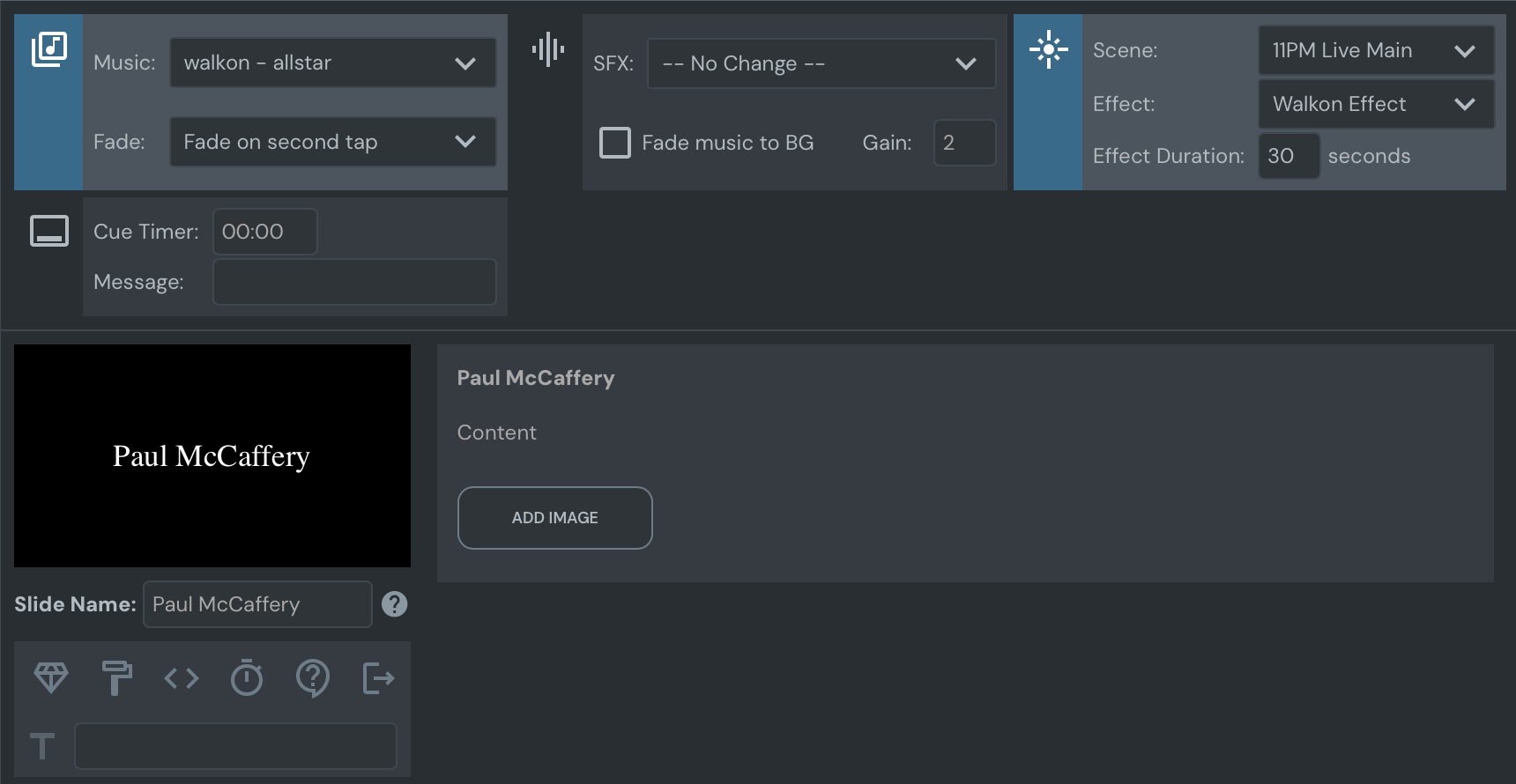 Showtime fixture controls showing toggles for different stage positions, sliders for strobe and dimmer speed, and color gradient controls