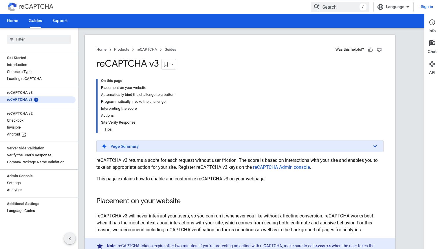 Google Developers documentation page for reCAPTCHA v3, with sidebar navigation (Get Started, reCAPTCHA v3 selected), main content on placement, auto-binding, programmatic execution, score interpretation (0.0-1.0), actions, and verification. Includes code samples and admin console link.