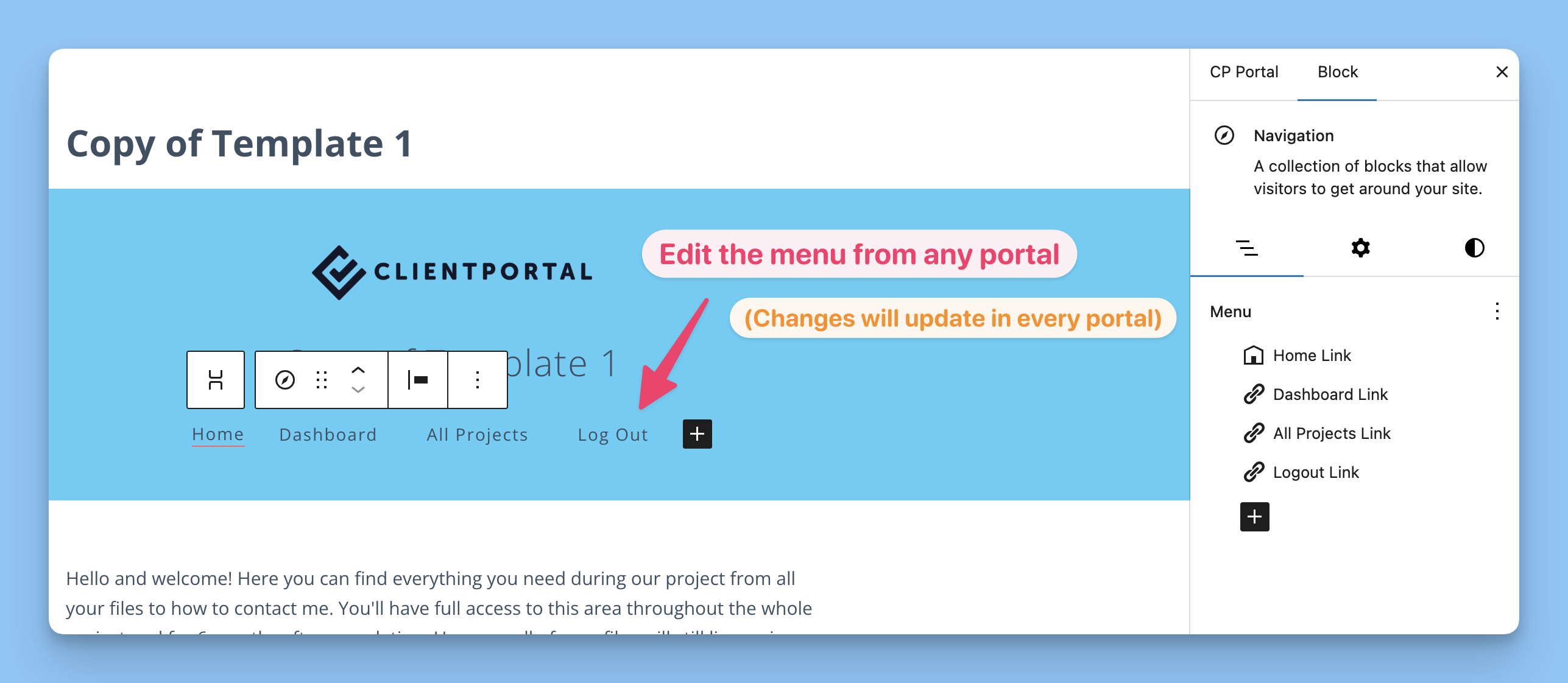 Editing the menu from a portal preview