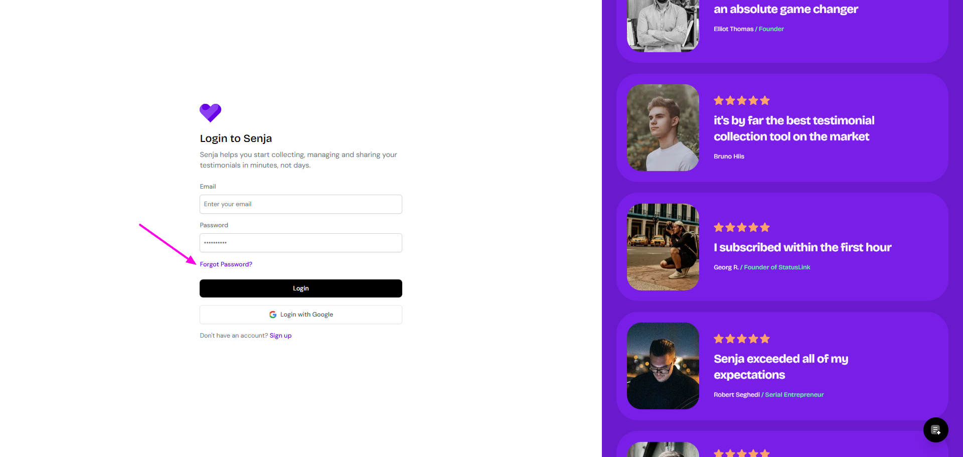 Forgot password option on Senja sign-in page