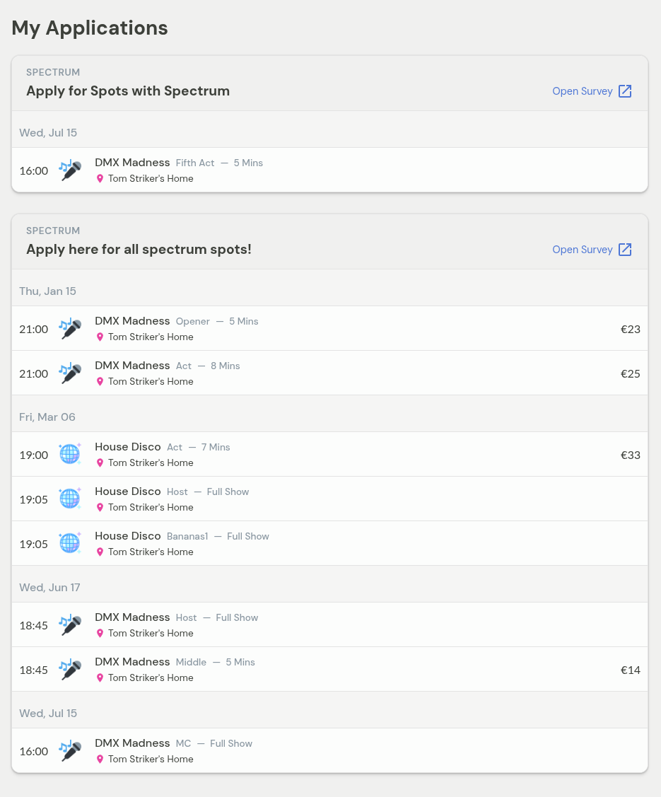 The My Applications page showing a list of applied spots organized by production, with dates, roles, durations, and Open Survey buttons