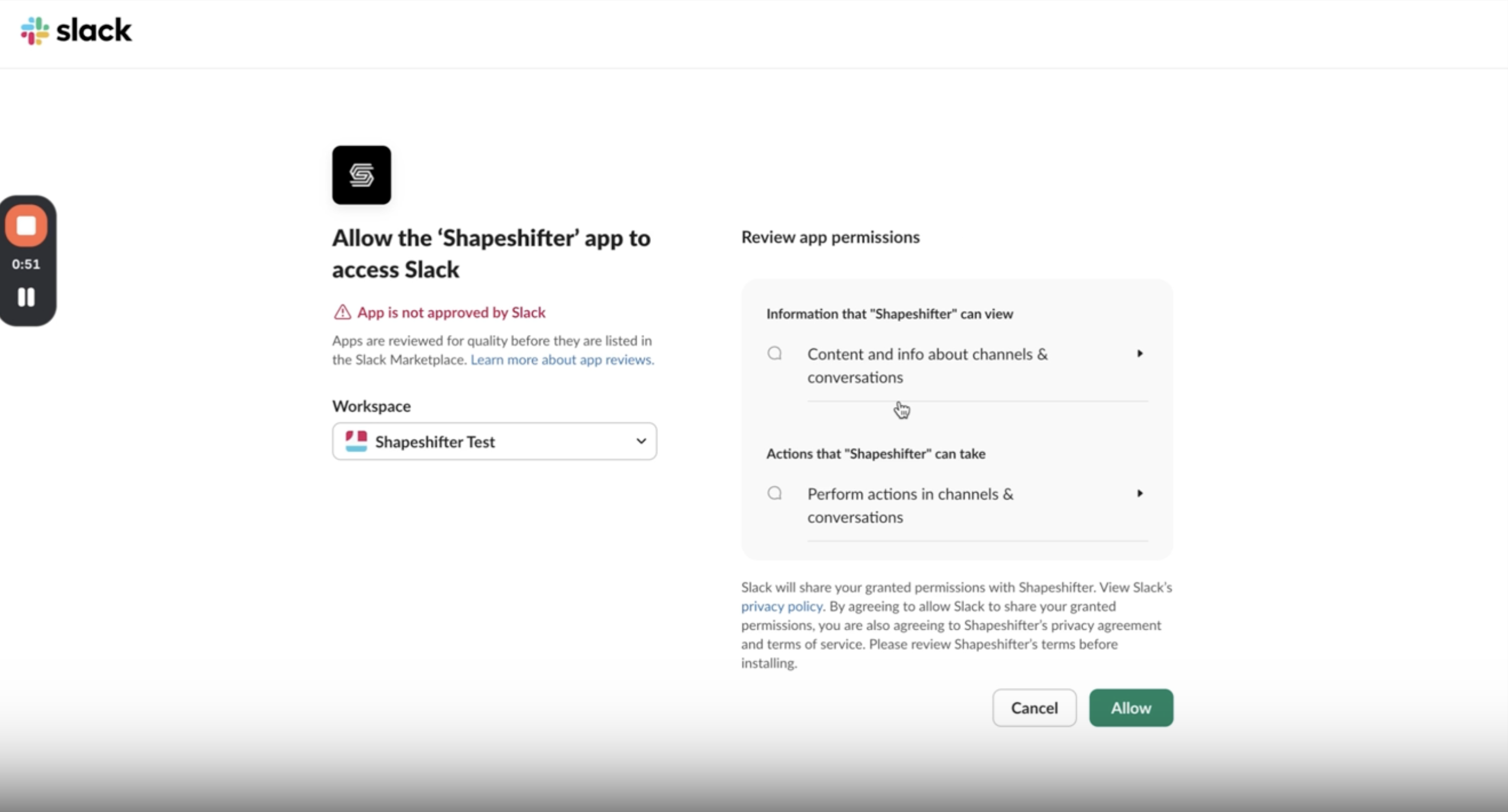 Slack app permissions page for Shapeshifter app, asking to allow access with details about viewing channel content and performing actions