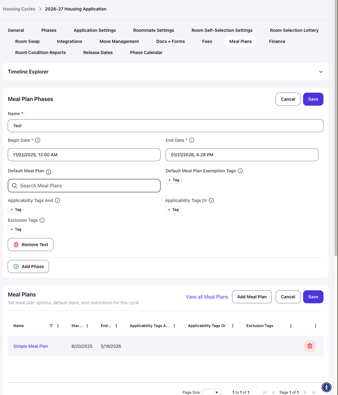 Housing Cycles 'Meal Plans' tab with Timeline Explorer for Meal Plan Phases ('Test' phase details), Meal Plans table ('Simple Meal Plan'), buttons for View all Meal Plans/Add Meal Plan/Cancel/Save, pagination.
