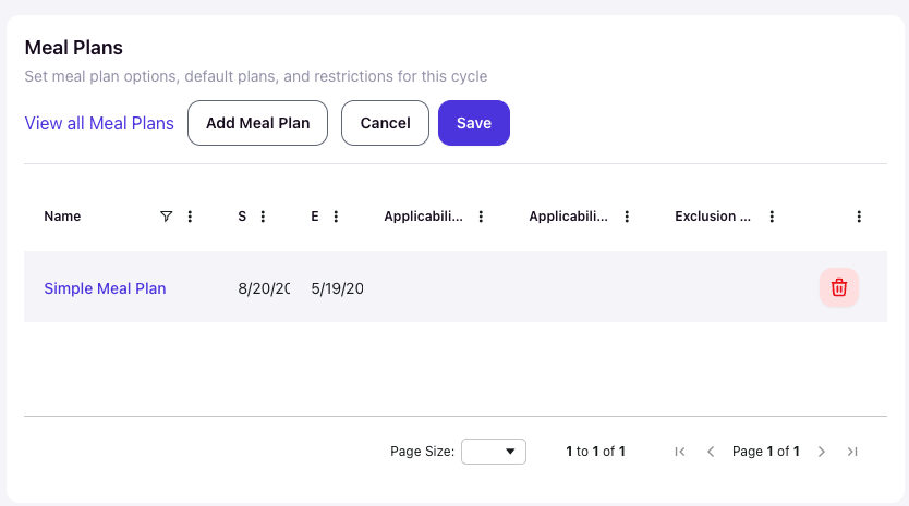 Meal Plans table showing rows for 'Simple Meal Plan' and 'GOLD plan' with columns for Name, Dates (Start Date, End Date), Tags (Phase Applicability Tags, Phase Exclusion Tags, Exemption Tags), and Actions (Edit/Remove icons).