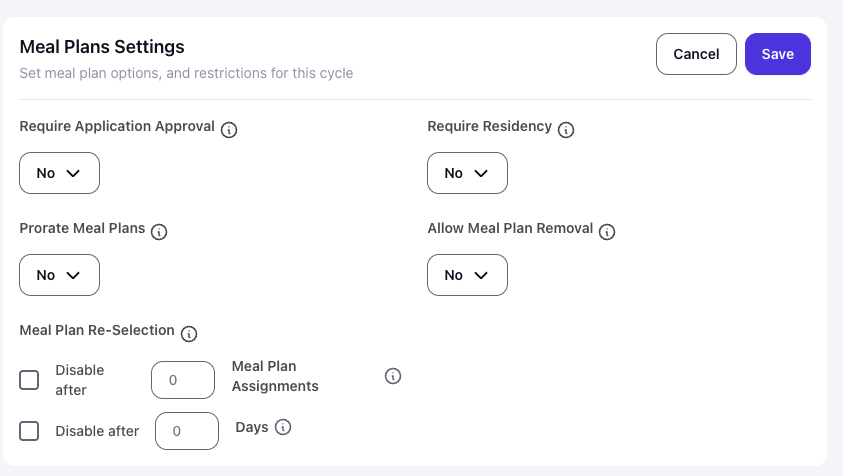 Meal Plans Settings card showing Require Application Approval (No), Require Residency (Yes), Prorate Meal Plans (No), Allow Meal Plan Removal (Yes), Meal Plan Restrictions with re-selection limits (disable after X assignments, disable after X days).