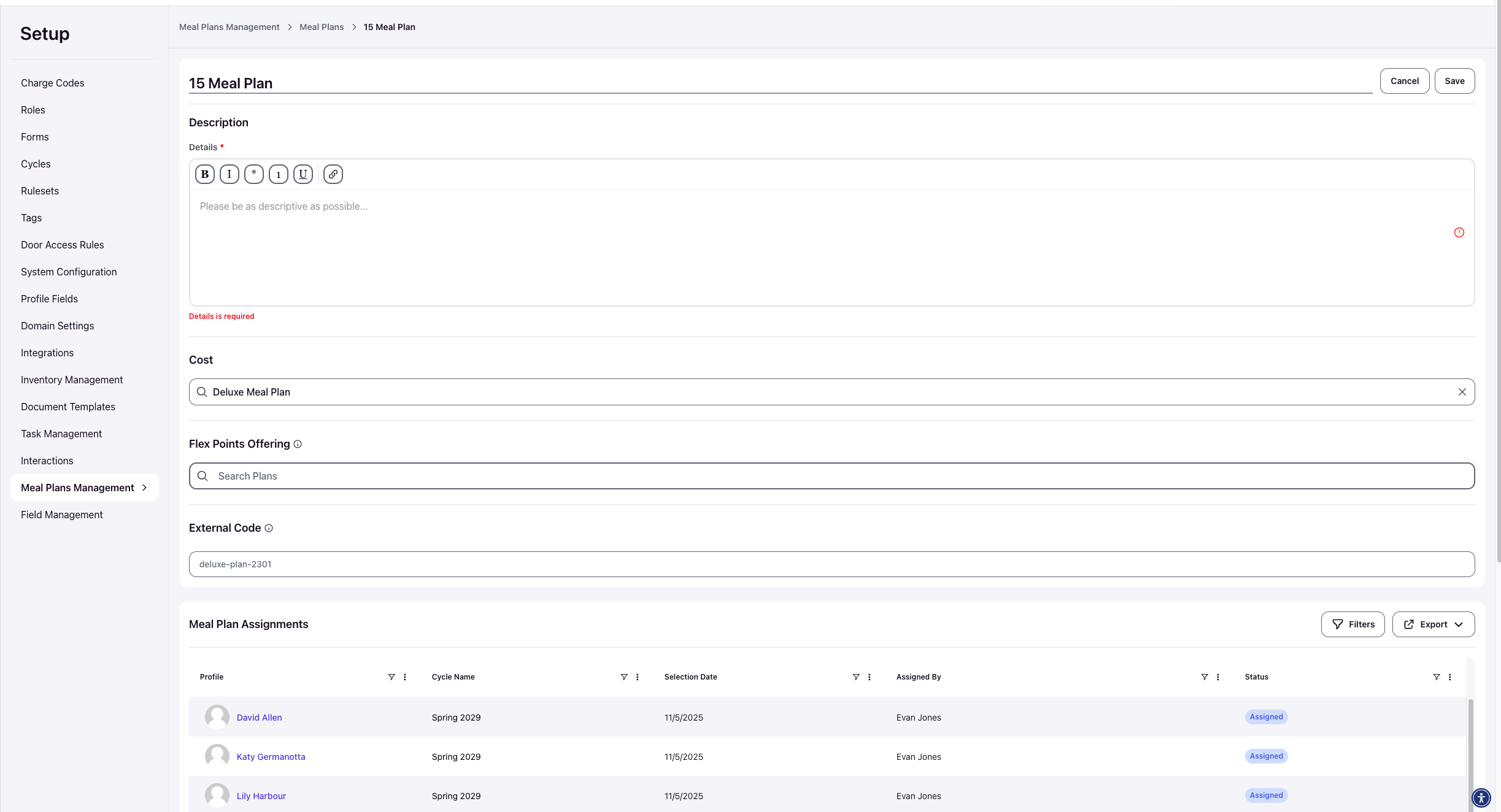 Meal plan form showing Name and Details fields