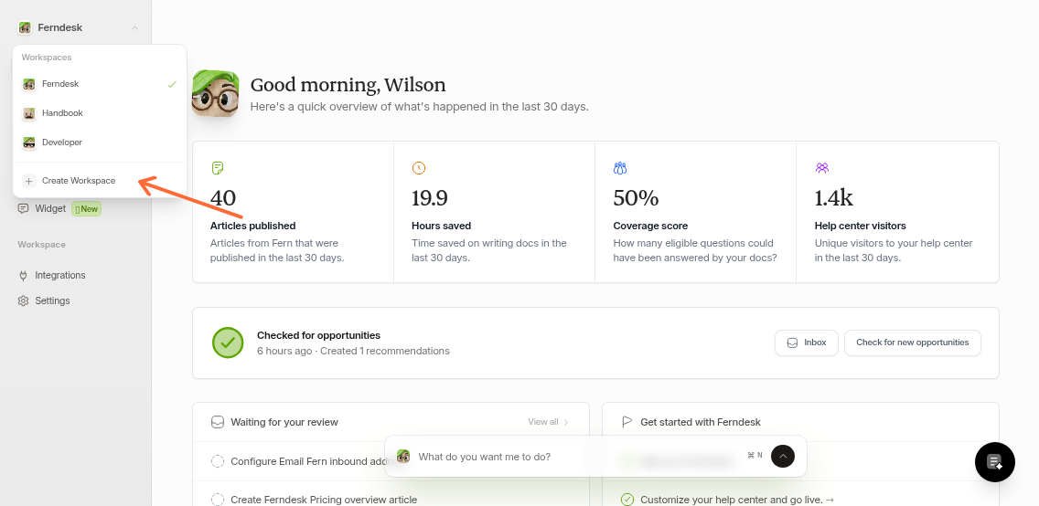 Workspace switcher dropdown menu with Create Workspace button highlighted
