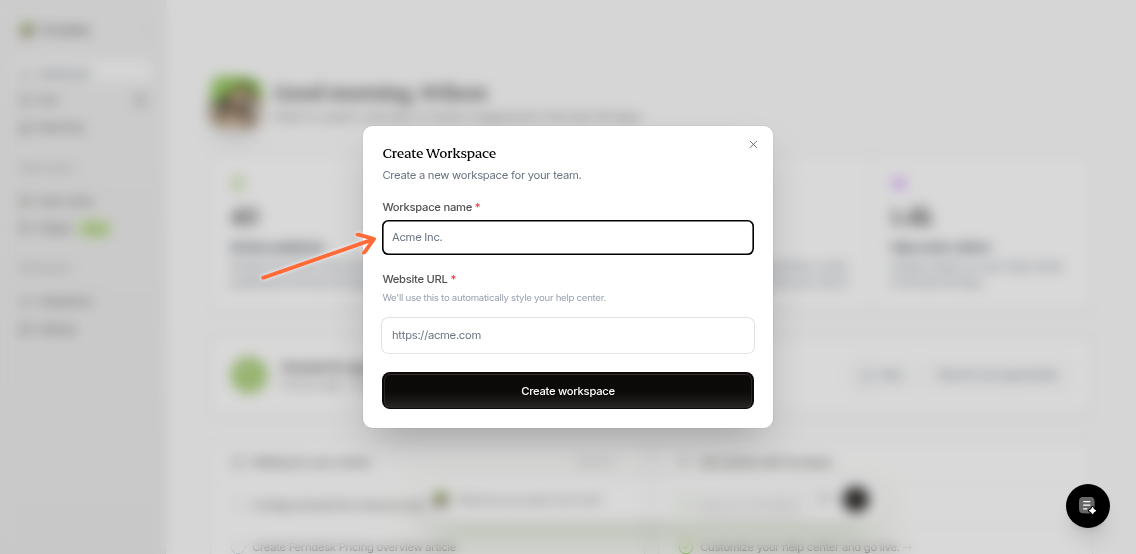 Create workspace modal showing workspace name, website URL, and logo upload fields