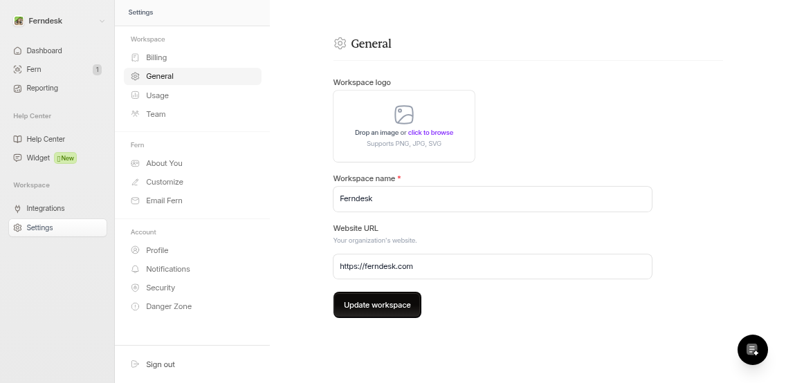 General settings page showing workspace name, logo upload, and website URL fields