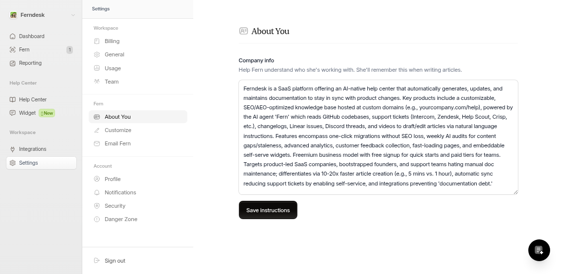 About You settings page with fields to add company context and product information for Fern AI