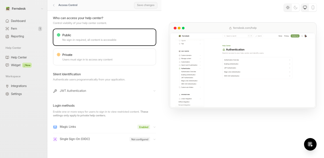 Access control settings showing Public and Private mode options in the Ferndesk dashboard