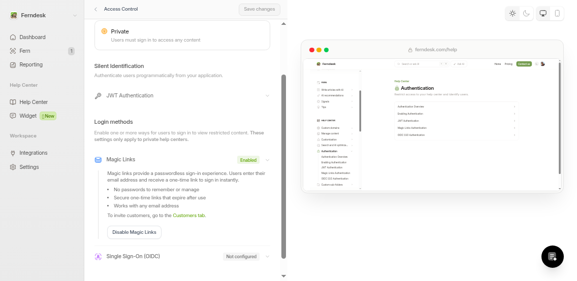 Magic Links authentication settings showing enable/disable toggle in the dashboard