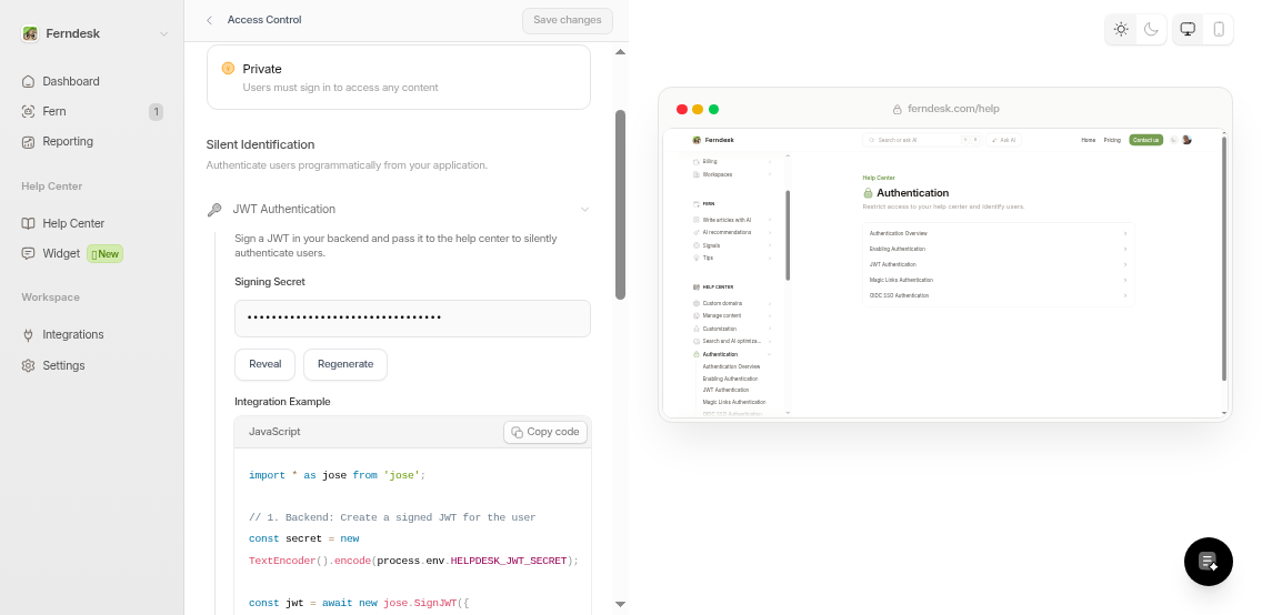 JWT authentication settings showing signing secret field in the dashboard