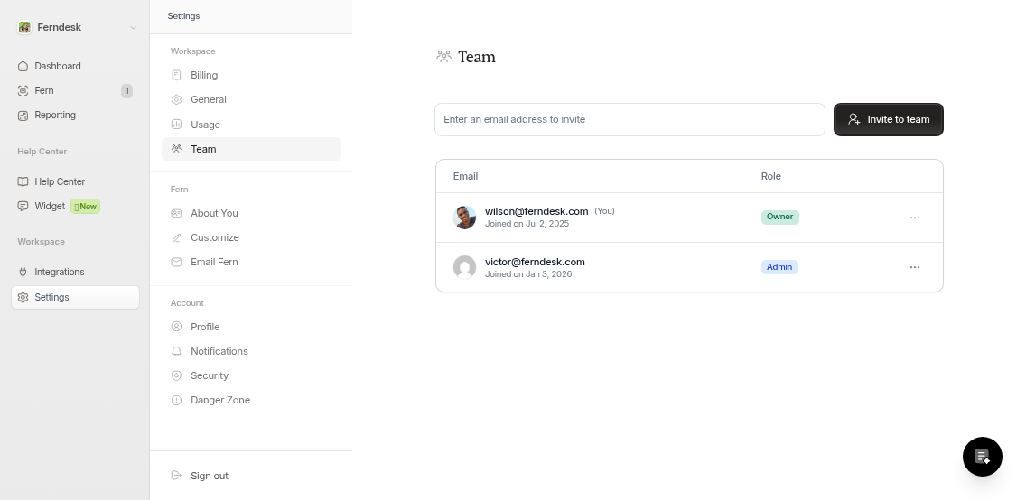 Team settings page in Ferndesk