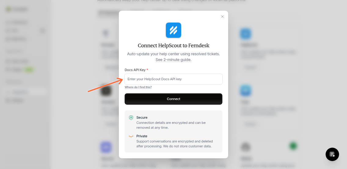 Connect Help Scout dialog showing the Docs API Key input field