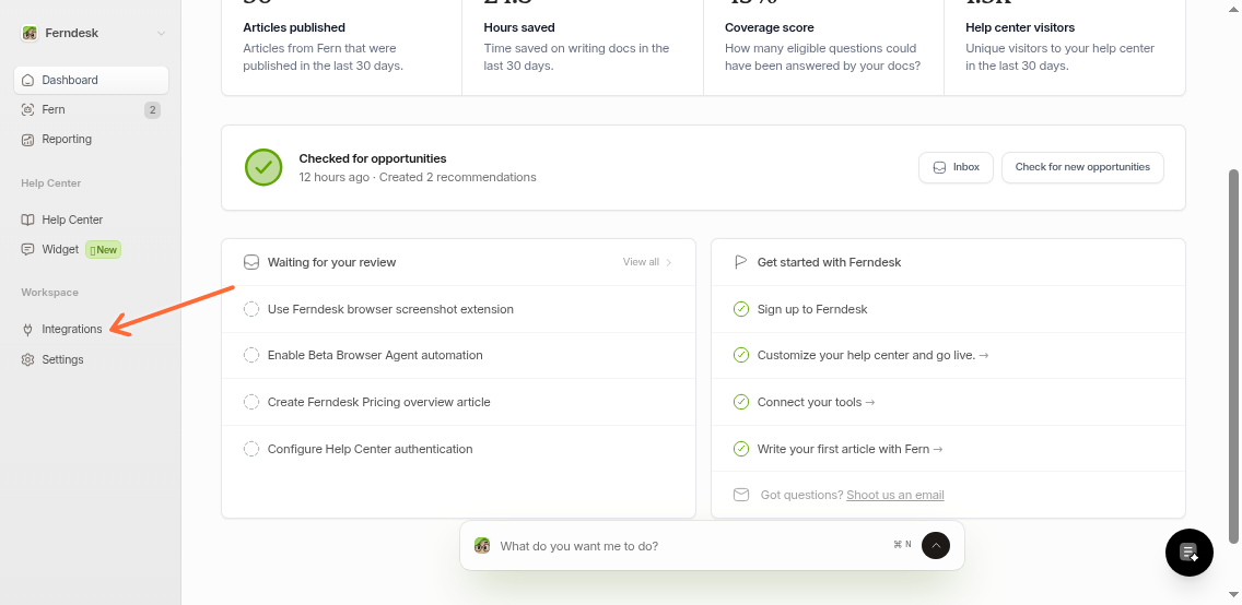 Ferndesk dashboard showing the Integrations option in the left sidebar