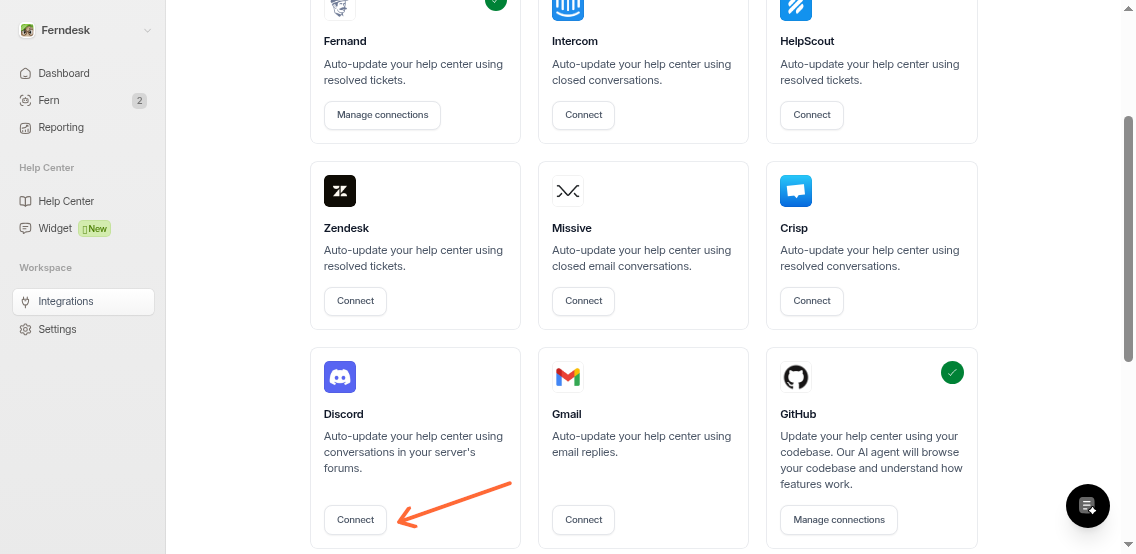Discord integration card showing the Connect button