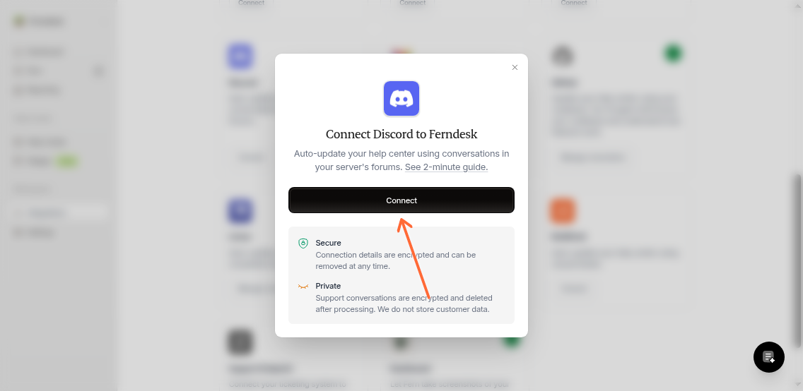 Connect Discord to Ferndesk dialog showing security information and Connect button