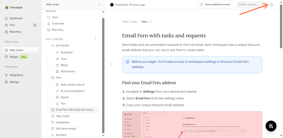 Article editor interface showing the settings icon in the top-right corner between Last saved and Publish button