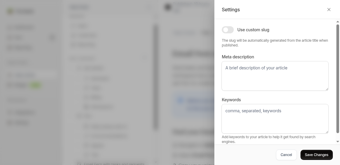 SEO Settings panel showing Base slug, Meta description, and Keywords fields