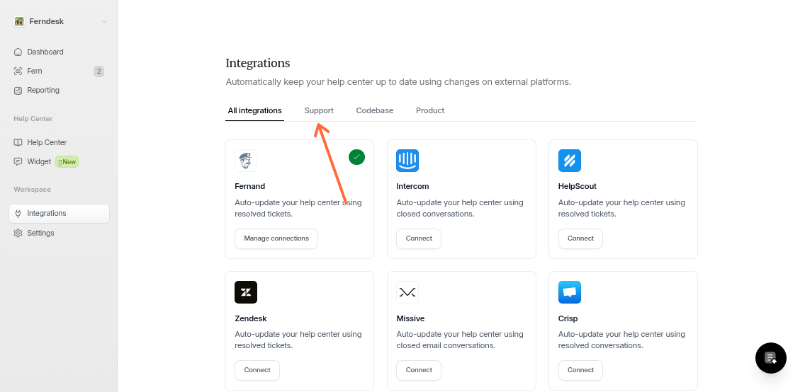 Ferndesk integrations page with the Support tab highlighted