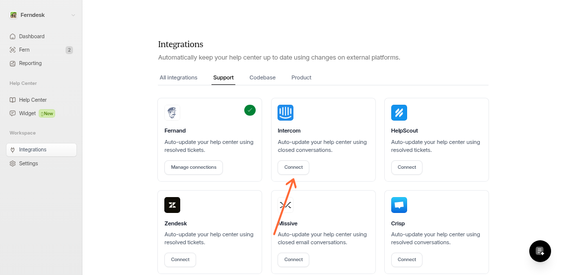 Intercom integration card showing the Connect button