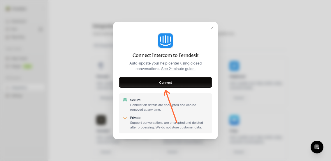 Connect Intercom dialog modal with Connect button highlighted