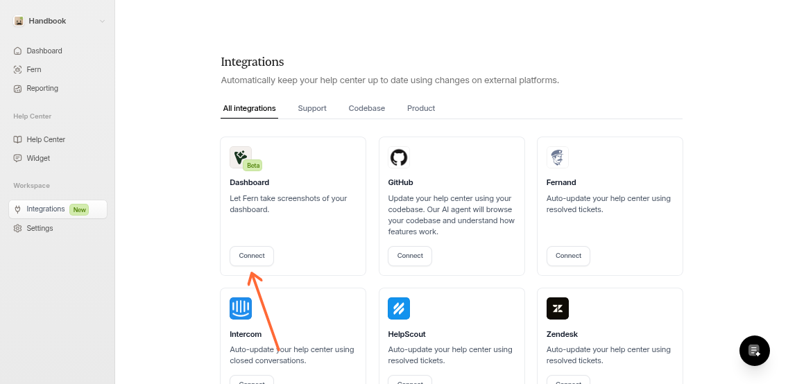Dashboard integration card with the Connect button highlighted
