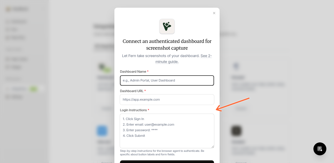 Connection setup modal showing Dashboard Name, Dashboard URL, and Login Instructions fields