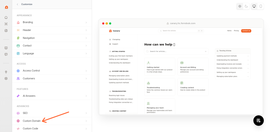 Custom Domain section in the Ferndesk Customize settings